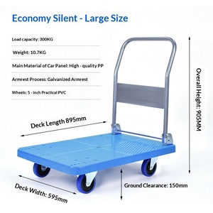 Chariot à plateforme pliable en plastique bleu lac avec poignée en acier, chariot à quatre roues pour le transport en entrepôt et en supermarché - Product Image 3