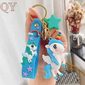 QY mignon arc-en-ciel licorne porte-clés 3D PVC dessin animé cheval pendentif rose jaune bleu sac breloque caoutchouc cadeau - Product Image 2