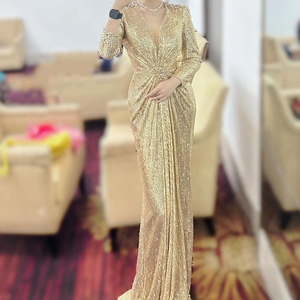 Vestido de Noche Formal con Lentejuelas y Cuello en V para Mujer - Vestido de Manga Larga con Cintura Fruncida - Product Image 1