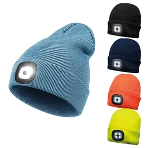 Topi Beanie Led dengan lampu, dapat diisi ulang Usb 4 Led topi lampu depan rajut lampu malam musim dingin topi senter untuk lari mendaki
