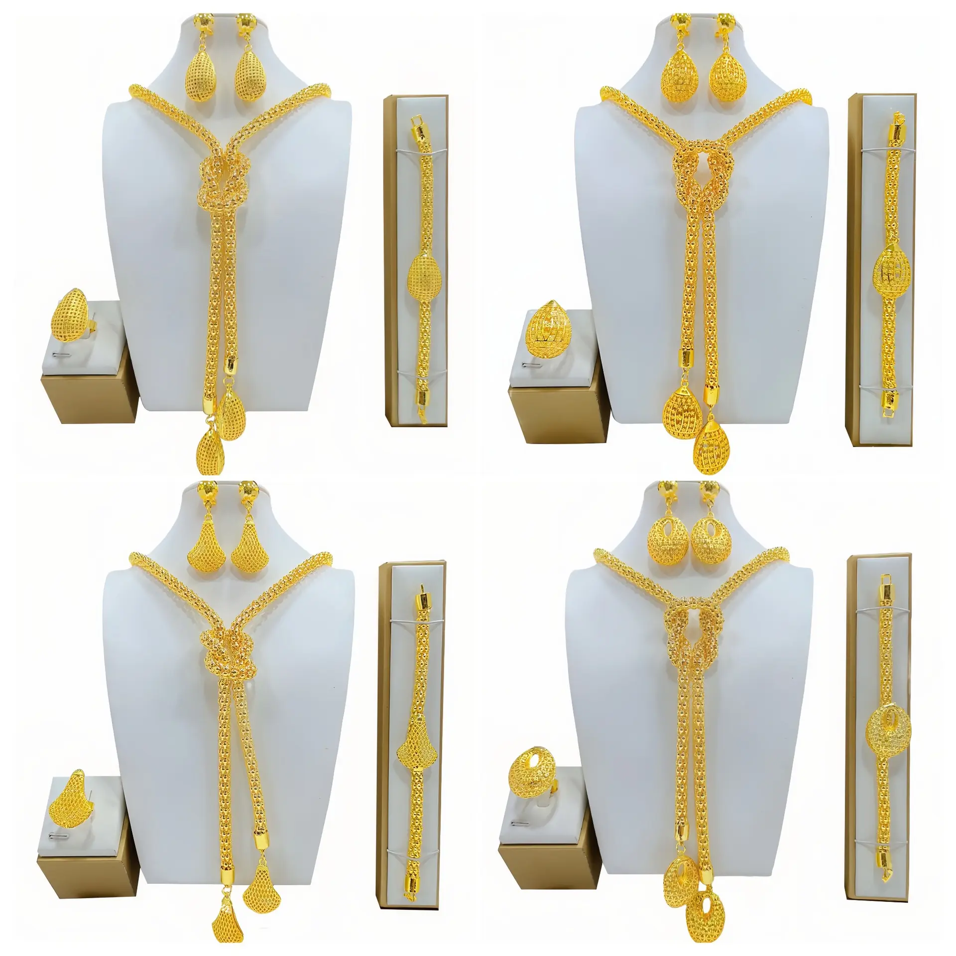 Phi Vòng cổ bông tai sang trọng đầy đủ bộ trang phục Vàng Phụ nữ thời trang Bộ đồ trang sức trong Dubai Vàng