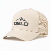 Casquette de randonnée trucker 5 panneaux avec imprimé montagne 3D en relief, sergé couleur avoine, dos en maille, taille unique, certifiée, vente en gros pour hommes et femmes