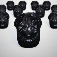 Gorras de Béisbol Casuales Unisex Ajustables de 5 Paneles de Terciopelo con Bordado a Mano de Diamantes Negros Brillantes y Pedrería de Lujo