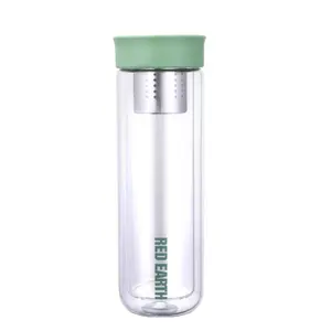 Green Transparent Borosilicate Double Wall Glass Tea Infuser Bottle
