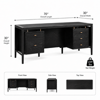 Bureau d'écriture moderne noir de 70 pouces avec deux meubles de rangement à 3 tiroirs, poignées dorées, espace ouvert pour les jambes, idéal pour le bureau à domicile et les meubles d'étude