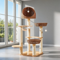 Arbre à chat de luxe classique 127 cm en bois d'hévéa, tour moderne en osier pour chat, capsule spatiale, perchoir à capot en rotin, griffoir en sisal pour grimper