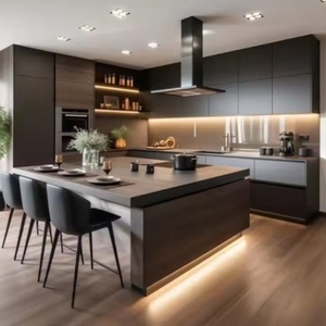 Muebles de Cocina Modernos Personalizados, Armarios de Cocina Modulares Modernos de Madera Contrachapada con Tira de Luz LED - Product Image 1