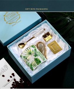 Nordic Style Green Leaf Pattern Bone China <b>Coffee</b> Tea Mug Gold Rim Handle Gold Leaf <b>Filter</b> 450-500ml Capacity Business Gift Gift - Product Image 4