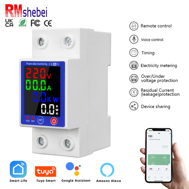 RMshebei Tuya WlFl Circuit Breaker Mobile Phone Remote Control 220V Mini Mcb App Remote Control Mobile Phone Smart Life 63a 2p