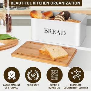 Recipiente de almacenamiento de pan de metal con tapa de tabla de cortar Caja de pan con rebanador de pan de Bambú - Product Image 3