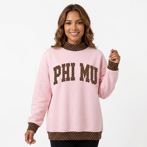 Sudadera de cuello redondo para mujer Phi Mu, color verde azulado con ribete de lunares, de algodón tejido transpirable, para invierno, con cuello simulado. - Product Image 4