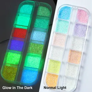 12 rejillas de polvo brillante holográfico que brillan en la oscuridad para uñas, efecto luminoso, pigmento cromado en polvo para decoración de uñas - Product Image 4
