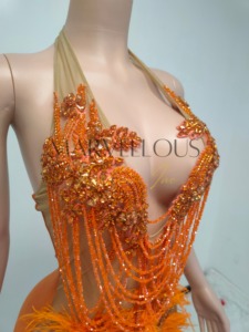 MF Mesh See Through Crystal Orange Rhinestone Mini Birthday Dress Feather <b>Halter</b> Neck Sexy Dresses Women Night Club 2024 - Product Image 5
