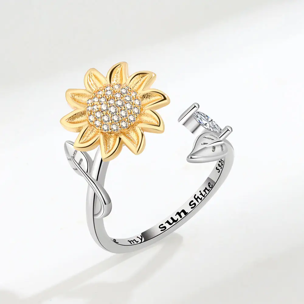 Adjustable sunflower fidgets spinners high quality fine jewelry 925 sterling silver anxiety ring for women