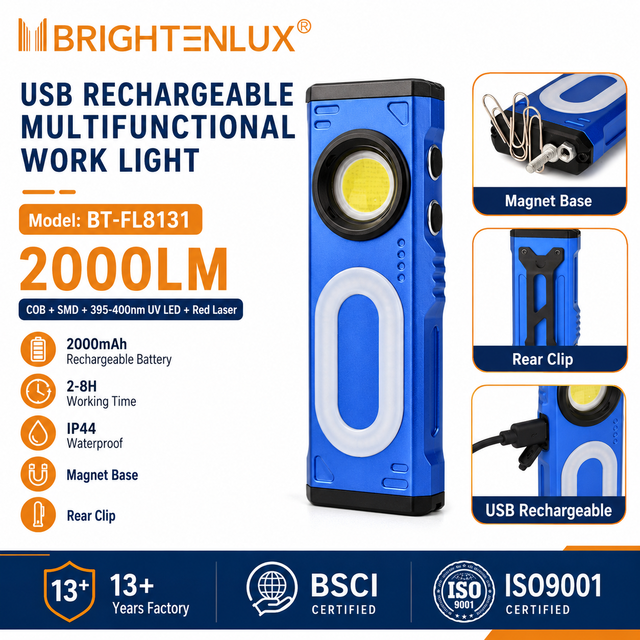 2000 Lumens LED Rechargeable Magnetic EDC Flashlight with RGB and UV Lighting Source for Outdoor
