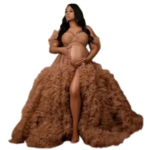 2024 Tulle Maternity Clothes Women Prom Dresses Extra Ruffles Photoshoot Dressing Gown for Baby Shower Empire Waist Wear
