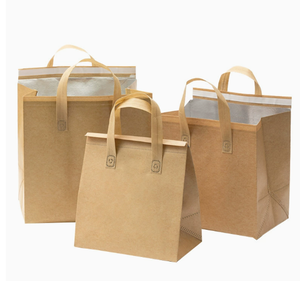 Insulated tote bag made of thickened kraft-textured non-woven fabric with reinforced stitched webbing <b>handles</b> - Product Image 1