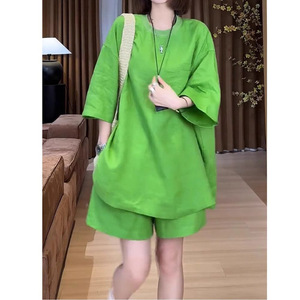 Women's Cotton <b>Linen</b> <b>Two</b> <b>Piece</b> Set Short Sleeve Shorts Loose Solid Color Breathable Casual Summer Outfit Green Gray Brown - Product Image 1