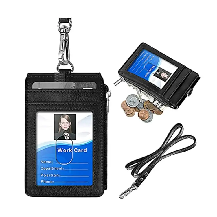 RFID Blocking PU Leather Badge Zipper Pocket Neck ID Credit Card Holder Wallet