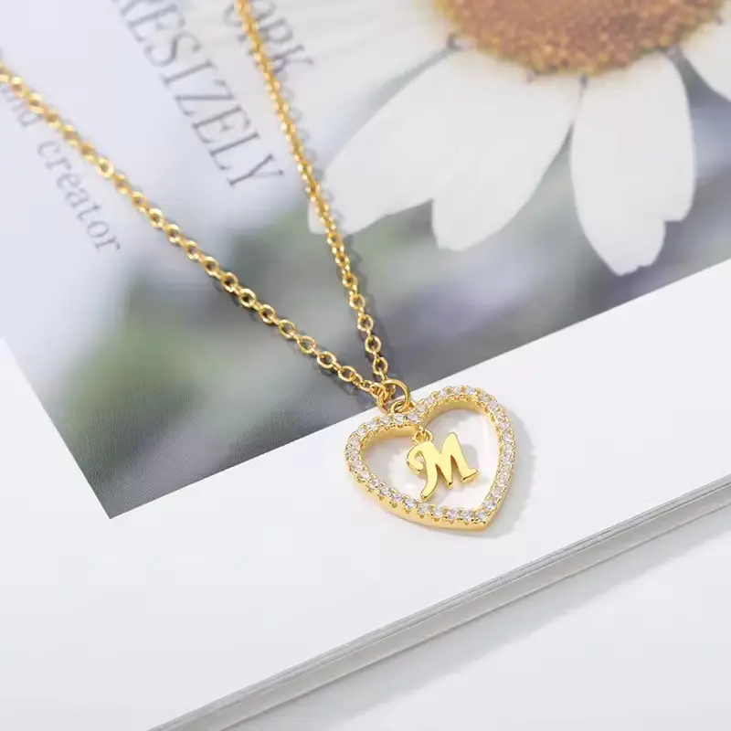 Hoge Kwaliteit Aangepast Alfabet A-Z Letter Gepersonaliseerde Hart Hanger Cz Steen 26 Eerste Roestvrij Staal Ketting Sieraden