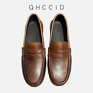 Mocasines Retro de Cuero Genuino Marrón para Hombre, Zapatos Casuales Sin Cordones, Tacón Bajo, Cómodos, Color Sólido, Diseño con Costuras - Product Image 3