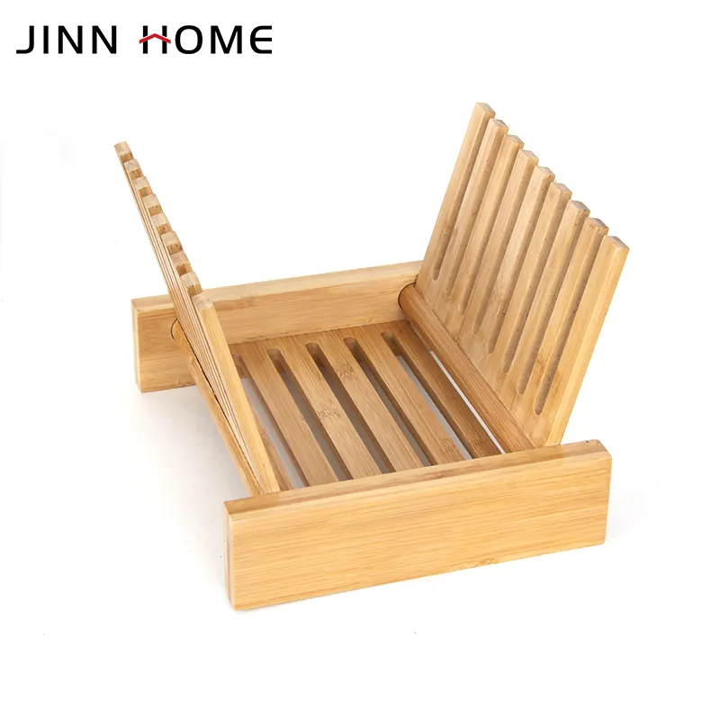 Jinn rak peniris piring bambu, kerajinan penyimpanan piring kayu dapat dilipat untuk rumah