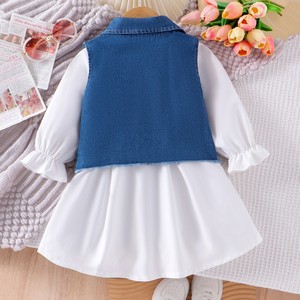 Vestido de Encaje Blanco de Manga Larga con Burbujas, Estilo Casual para Niñas, Primavera-Otoño, con Chaleco Vaquero Irregular, 2 Piezas, Ropa Infantil Nueva - Product Image 3