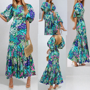 Custom ultimo Design a sbuffo <span class=keywords><strong>manica</strong></span> <span class=keywords><strong>corta</strong></span> girocollo estivo floreale di alta qualità <span class=keywords><strong>vestiti</strong></span> donne abiti <span class=keywords><strong>lunghi</strong></span> Casual - Product Image 2