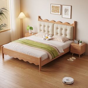 <span class=keywords><strong>Cama</strong></span> Escandinava de Madera Maciza con Cabecera Tapizada y Diseño Caprichoso - Product Image 1