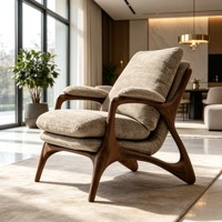 Fauteuil d'appoint en bois massif de style mid-century, fauteuil inclinable en tissu lin pour salon