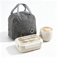 Boîte à lunch 2-en-1 en paille de blé 930ML+600ML, hermétique, compatible micro-ondes, avec bol à soupe, fourchette et cuillère intégrées, et sac repas