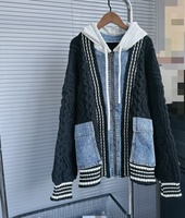 Nouveau pull cardigan en tricot chaud et décontracté pour l'automne et l'hiver, avec blocs de couleur, patchwork en denim, fermeture éclair et capuche pour femme