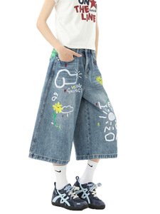 Blue Denim <b>Culotte</b> Jeans Printed Mid Waist Calf Length Regular Fit Washable Women Shorts - Product Image 2