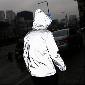 Unisex Thin Silver Solid <strong>Reflective</strong> 100% Polyester <strong>Jacket</strong> Hooded Full <strong>Reflective</strong> Windproof Zipper Coat for Night <strong>Cycling</strong> Running - Product Image 4