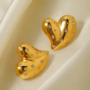 ZF New Arrival 18K PVD Gold Plated Tarnish Free Jewelry Stainless Steel Chunky CZ Heart Stud Earrings For Women