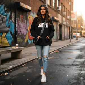 Felpe con Cappuccio Personalizzate da Donna in Maglia 300g, Felpe Casual Stampate Nere - Product Image 3