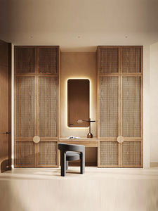 Armoire vintage en bois massif avec coiffeuse intégrée, placard à quatre portes style bois naturel, dressing sur mesure style Wabi-Sabi - Product Image 4