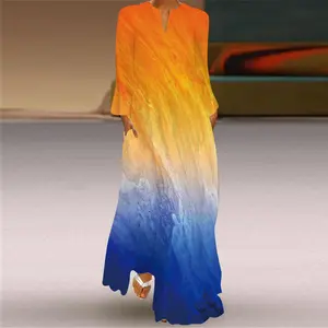 패션 가을 인쇄 여성 v 넥 큰 스윙 드레스
