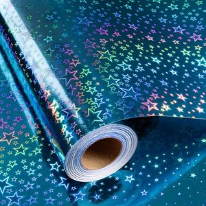Merture Blue Holographic <b>Wrapping</b> <b>Paper</b> 17in x 32.8ft Gradient Stars Foil Design Gift Wrap for Birthday Baby Shower - Product Image 1