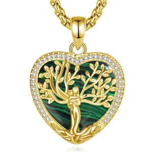 Collier Cœur Arbre Généalogique Vintage en Malachite, Plaqué Or 18K, Pendentif Pierre Verte pour Femme, Cadeau de Luxe Fête des Mères - Product Image 1