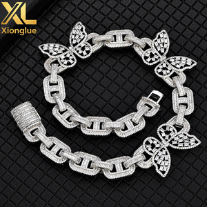 <b>Iced</b> <b>Out</b> Unisex Hip Hop Baguette <b>Chain</b> Jewelry 15mm Miami Cuban Link Pig-Nose Butterfly Shape Necklace Light Zircon Charm - Product Image 2