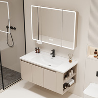 Meuble de salle de bain moderne avec lavabo en céramique intégré, ensemble vasque et miroir pour hôtel, en panneau de particules