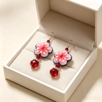 Anting Bunga Kerajinan Etnis Miao Tiongkok Retro, Bordir Tangan dengan Manik Kristal Merah, Anting Gantung Wanita