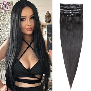 FH hair vensor wholesale normal natural black straight pu seamless clip ins human hair extension for women