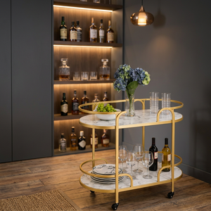 Minimalist Gold <b>Bar</b> <b>Cart</b> With Marble Top Double Tier Rolling Storage Rack For Kitchen Tableware - Product Image 4
