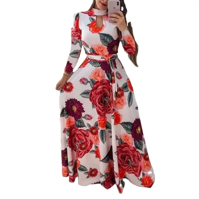 new arrive wholesale fashion Long sleeves women beach dress colorful stock Floral Long Maxi Women Dress