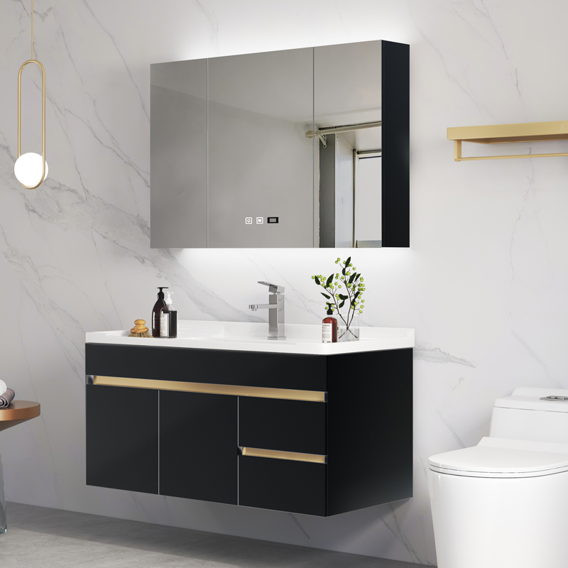 Tocador de madera maciza para baño, mueble resistente al agua con diseño de oro y negro de lujo, montado en la pared