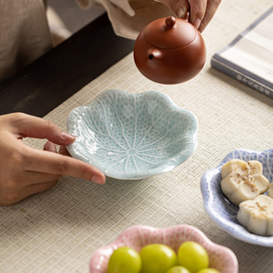 Handmade <b>Ceramic</b> Lotus Leaf Fruit <b>Plate</b> Small High Footed Teapot Stand Home Use Retro Zen Style Snack Dish Dehua - Product Image 1