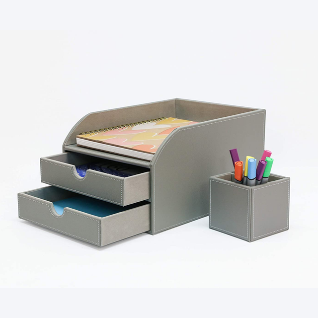 Luxury Grey Pu Leather Letter Tray Office Desktop File Accessory Desk Organizer Organizer Set