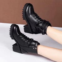 Bottes à lacets grande taille à talon épais et boucle de ceinture pour femme, antidérapantes, nouvelle collection automne-hiver, noires